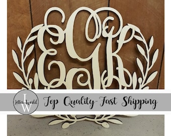 Laurel Wreath Monogram - Door Hanger - Monogram Wall Hanging - Personalized Sign - Wedding Decor - Wooden Monogram - Unpainted