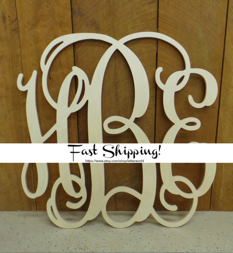 Wooden Monogram Unpainted Wood Monogram Wall Hanging Monogram Door Hanger Wedding Monogram Nursery Monogram Wooden Initials image 2