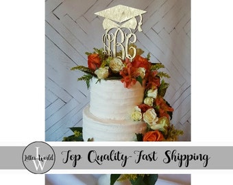 Monogram Cake Topper - Graduation Cake Topper - Personalized - Graduation Cap - Wood - Painted Cake Topper - Party Decor - Senior