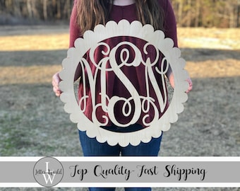 Scallop Circle Border Monogram - Unpainted Wooden Monogram - Vine Script Initials