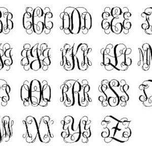 May include: A collection of black, decorative, interlocking three-letter monograms arranged in a grid. Each set features ornate, swirling script typography representing every letter of the alphabet from A to Z, displayed in a repeating pattern.