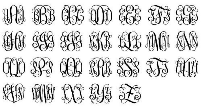 May include: A collection of black, decorative, interlocking three-letter monograms arranged in a grid. Each set features ornate, swirling script typography representing every letter of the alphabet from A to Z, displayed in a repeating pattern.