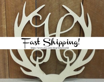 Wooden Antler Monogram Door Hanger - Unpainted Initial With Connected Antler Frame - Vine Script Initial Antler Wall Hanging