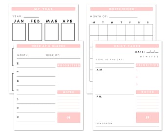 Set van 4 planner-printables | Jaarlijks maandelijks wekelijks dagelijks schema kalender