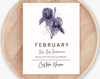 Custom Name February Birth Flower Iris Art Digital Printable | Personalized Floral Gift