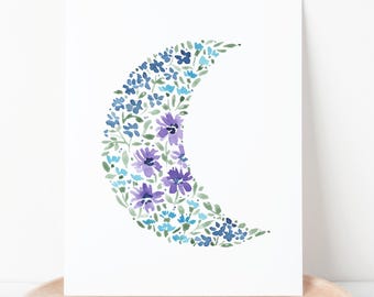 Blue & Purple Floral Crescent Moon Print | Watercolor Hand Painted Wall Decor