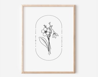 February & January Birth Flower Printable | Oval Frame Simple Line Floral Art Couples Gift