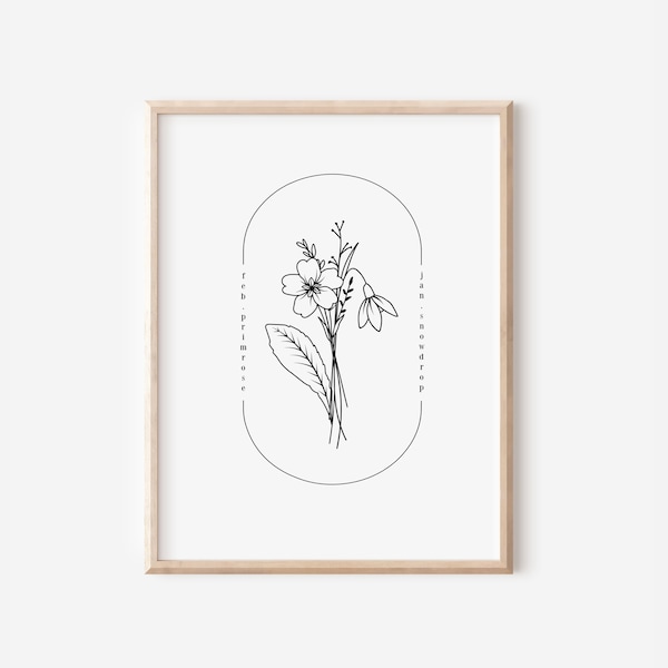 February & January Birth Flower Printable | Oval Frame Simple Line Art