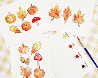 Fall Mini Watercolor Paint Kit | 3 Pre-Sketched Autumn Art Set with Paints + Brush | Pumpkin Leaves Mushrooms