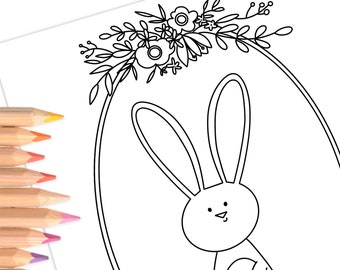 Bunny and Spring Flowers | Hand-Drawn Coloring Page Print & Color | Digital Printable