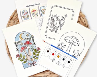 Mushroom Watercolor Paint Kit | 3 Mushroom Sketches, Brush & Palette | Cottagecore Art