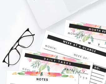 Watercolor Floral Planner Printables | Set of 9 Daily Weekly Monthly Yearly Calendar