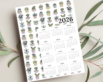 2026 Calendar Print | Potted Cactus Plants At A Glance Unframed Art | Succulent Office Wall Decor