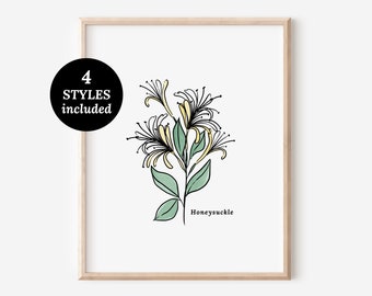 Honeysuckle Flower Illustration Printables | 4 Styles Included Watercolor Antique Sketched Floral Decor