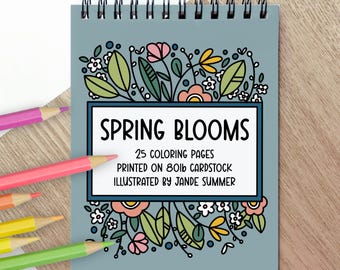 Spring Blooms Mini Coloring Book 25 Cardstock Pages | Spiral Bound Pocket Size 4.25X6" | Floral Zen Art Bold Lines