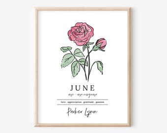 June Red Rose Birth Flower Personalized Name Unframed Art Print | Custom Gift for Birthdays | Nursery Wall Decor | Floral Wall Decor