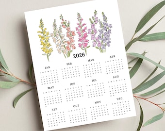 2026 Calendar Print | Snapdragon Garden At A Glance Unframed Art | Floral Office Wall Decor