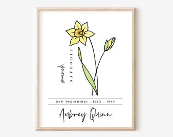 Custom Name March Birth Flower Daffodil | Personalized Digital Printable | Simple Floral Line Art Birthday Gift