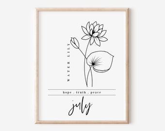 July Birth Flower Water Lily | Black & White Art Printable