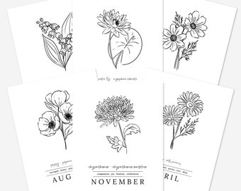 Pick A Birth Month Flower Name Black & White Floral Line Art Print Unframed | Birth Flower Illustration Birthday Gift | Ready to Ship