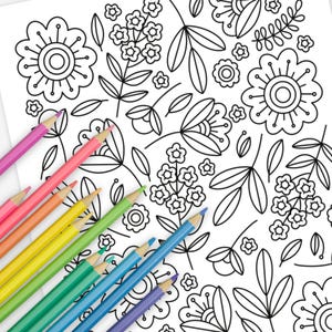 Frühling Folk Blumen Malseite zum Ausdrucken | Hand illustrierte Blume entspannenden Blüten Garten Thema