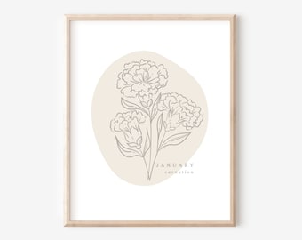 January Carnation Birth Flower Printable | Simple Line Art Boho Decor Style | Birthday Gift Nursery Art
