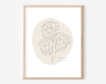 January Carnation Birth Flower Printable | Simple Line Art Boho Decor Style | Birthday Gift Nursery Art