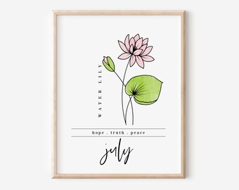 July Water Lily Birth Flower Digital Art Printable | Garden Inspired Gift for July Birthdays | Floral Gift for Mother's Day