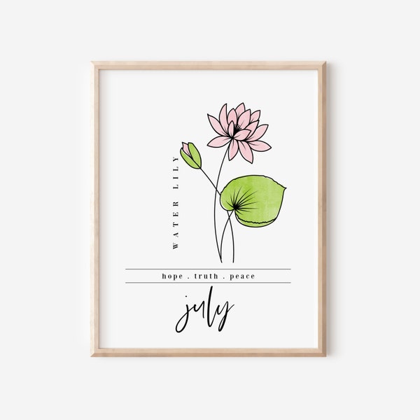 July Water Lily Birth Flower Digital Art Printable | Garden Inspired Gift for July Birthdays | Floral Gift for Mother's Day