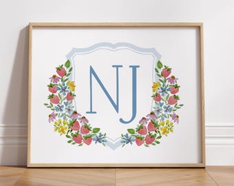 Floral State or Country Abbreviation Art Print | Hand Painted Strawberry Bliss Crest