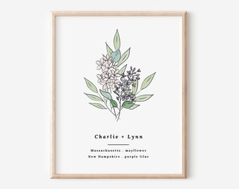 Custom Couples State Flower Art Print | Personalized Wedding Gift | Couples Anniversary Keepsake