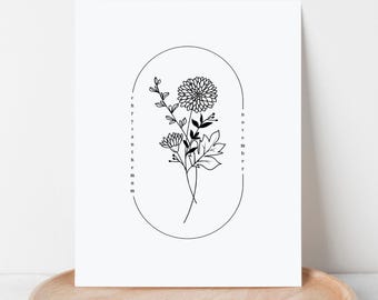 November Birth Flower Chrysanthemum Line Art Printable | Digital Cottagecore Floral Wall Decor