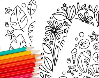 50 Pk Summertime Printable Coloring Pages | Hand Illustrated Ocean Tropical Flower Fishing Travel Summer Foods Garden Theme