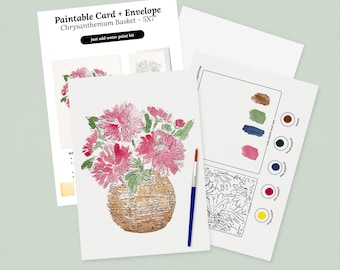 Paintable Card + Envelope | Pre-Sketched 5X7" Basket of Chrysanthemums | Just Add Water Art Kit
