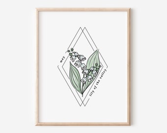 May Lily of the Valley Birth Flower Print or Poster | Watercolor Floral Diamond Frame | Birthday Gift Nursery Art