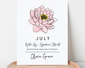 July Birth Month Flower Water Lily Printable | Personalized Art Digital Cottagecore Wall Decor
