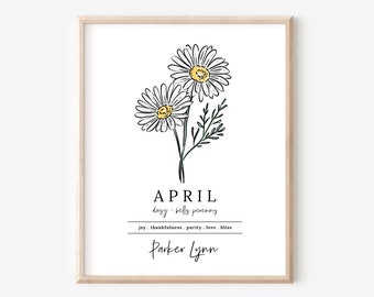 April Daisy Birth Flower Personalized Name Unframed Art Print | Custom Gift for Birthdays + Birth Flower Vinyl Sticker Add On