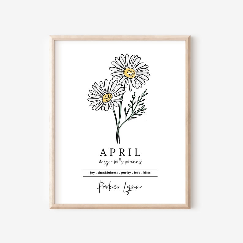 April Daisy Birth Flower Personalized Name Unframed Art Print Custom Gift for Birthdays Birth Flower Vinyl Sticker Add On image 1