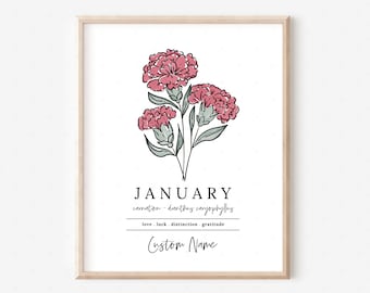 January Red Carnation Birth Flower Personalized Name Unframed Art Print | Gift for Birthdays | Nursery Wall Decor