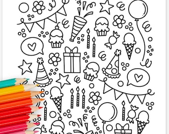 Birthday Party Printable Coloring Page | Hand-Drawn Coloring Sheet Birthday Activity Celebration Poster