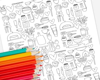 Kitchen Baking & Appliances Coloring Page Digital Printable | Cake Coloring Sheet for Adults | Foodie Bakery Dessert Inspired