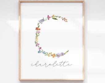 Wildflower Letter & Name Printable | Hand Painted Floral Monogram Art | Free Matching Flower Chart