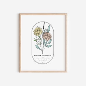 Flor de nascimento de novembro crisântemo | Arte simples com moldura oval em arco para impressão