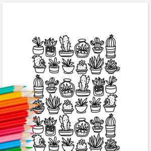 Plantas en macetas y suculentas Página para colorear imprimible Plantas ilustradas a mano Hojas temáticas de cactus de verano botánico