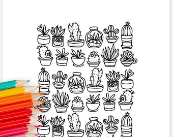 Potted Plants & Succulents Printable Coloring Page Hand-Illustrated Plant Botanical Summer Cactus Themed Sheets