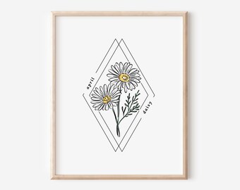 April Daisy Birth Flower Print or Poster | Watercolor Floral Diamond Frame | Birthday Gift Nursery Art