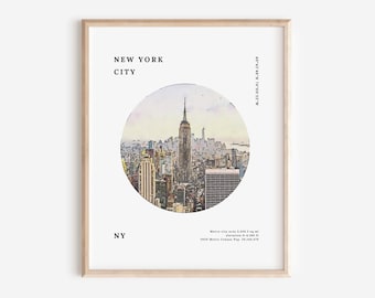 New York City Facts & Watercolor Illustration Printable | Cityscape Minimal Decor Wall Decor