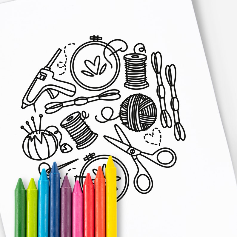 8 Crafty Printable Coloring Pages | Sewing Embroidery Yarn Button ...