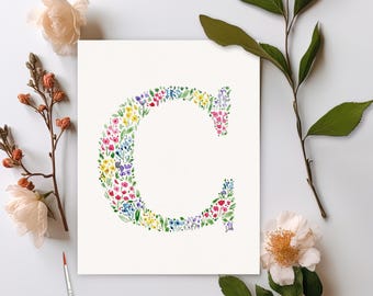 Hand Painted Letter Meadow Flowers Initial Art | Floral Monogram Watercolor Painting