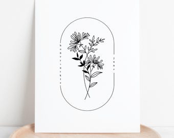 June Birth Flower Honeysuckle | Oval Frame Floral Line Art Printable | Nature Inspired Birthday Gift